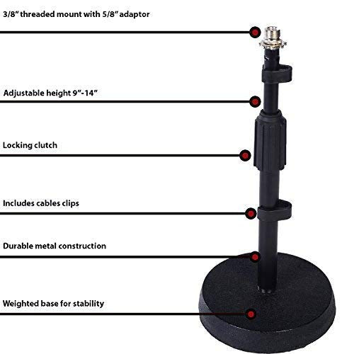 LyxPro Desktop Microphone Stand - 9''-14'' Adjustable Height Desk Mic Holder - Weighted Cast Iron Base - 3/8''-5/8'' Adapter Scr